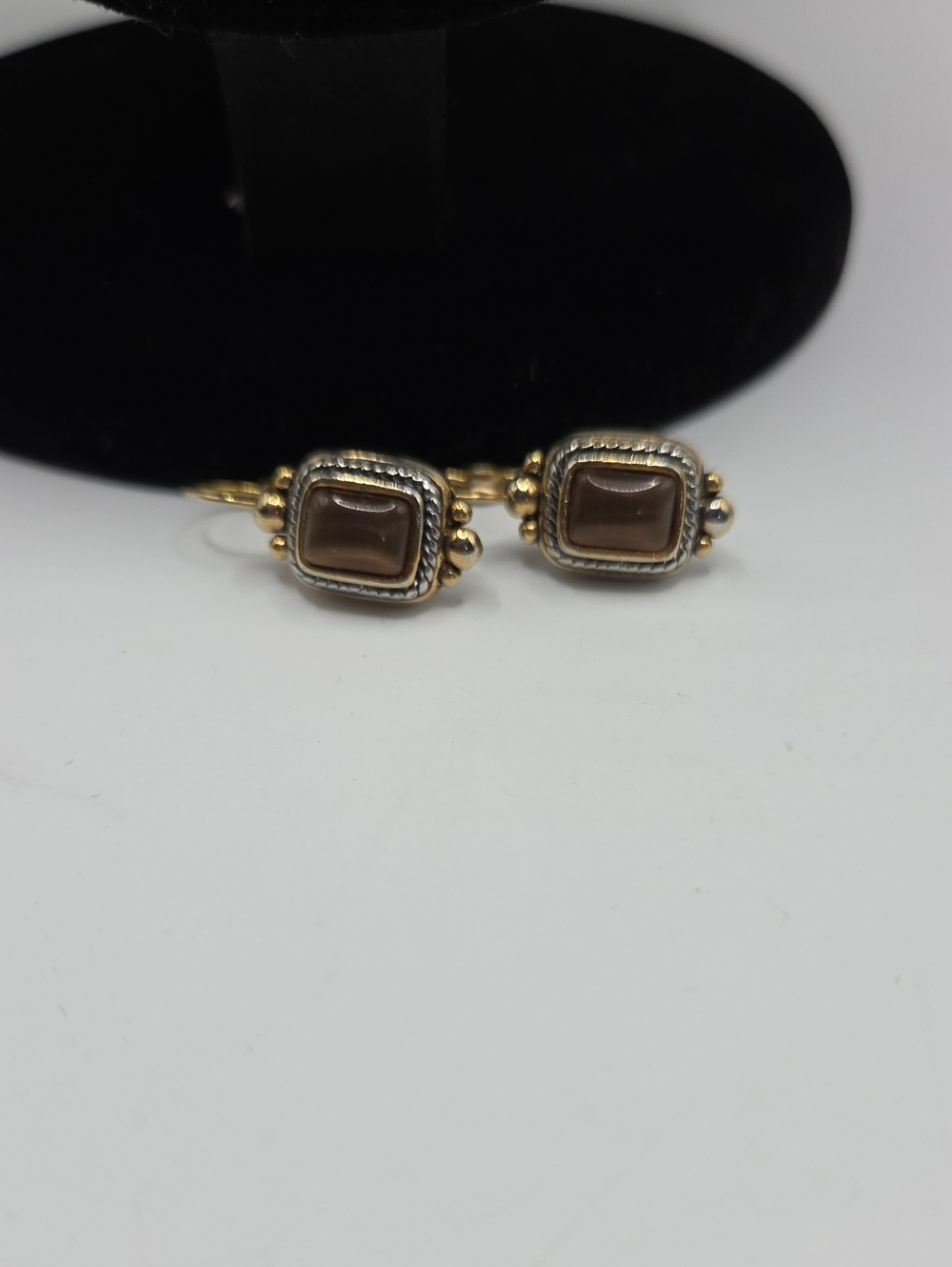 Vintage-Inspired Gold Tone Brown Square Stone Dangle Earrings